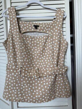 Ann Taylor L Polka Dot Beige Belted Top Side Zipper - matching pants